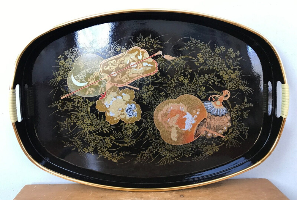 Vintage Toyo Japanese Lacquerware Style Black Gold Decorative Serving Tray 19x12